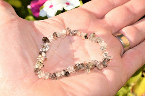 CHARGED Rutilated Tourmalinated Quartz Crystal Chip Stretchy Bracelet REIKI !