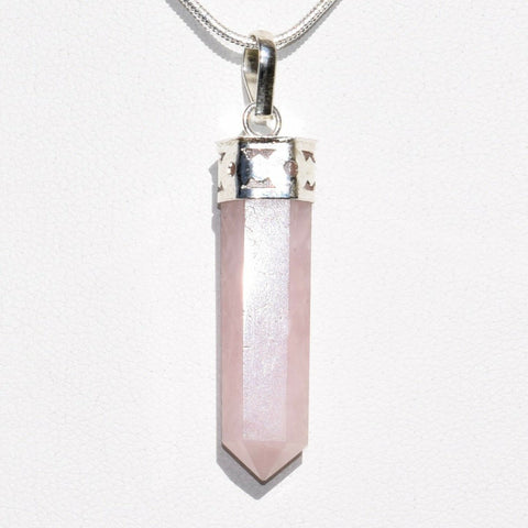 Faceted Himalayan Rose Quartz Crystal Point Pendant + 20" Silver Chain