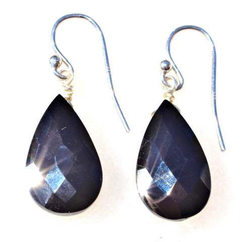 CHARGED Sterling Silver Black Tourmaline Crystal Earrings Faceted Oval DESIGNER