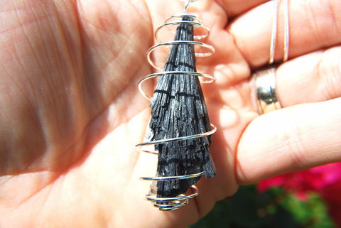 Brazilian Black Kyanite FanBlade Crystal Perfect Pendant + 20" Silver Chain