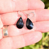 CHARGED Sterling Silver Black Tourmaline Crystal Earrings Faceted Oval DESIGNER