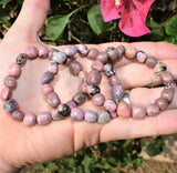 CHARGED 6" Rhodonite Crystal Bracelet Tumble Polished Stretchy Healing Energy