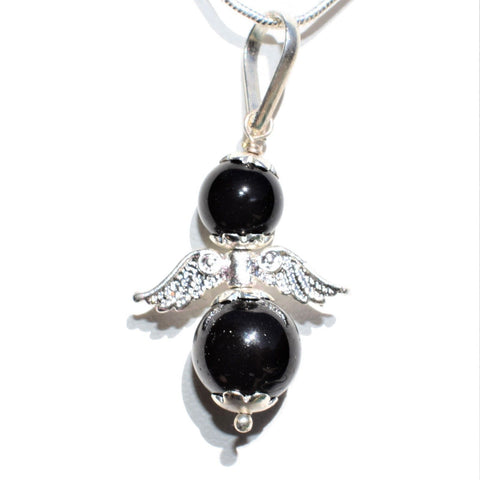 Himalayan Black Tourmaline Crystal Bead Angel Pendant + 20" Silver Chain