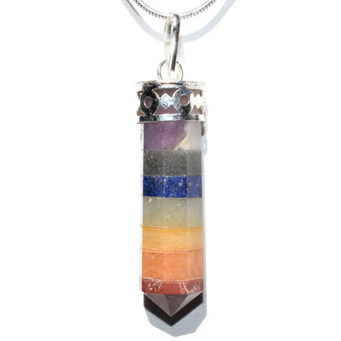 Faceted 7 Chakra Crystals Point Pendant + 20" Silver Chain