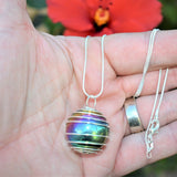 CHARGED Platinum Silver Rainbow Magnetic Hematite Sphere Pendant + 20" Chain